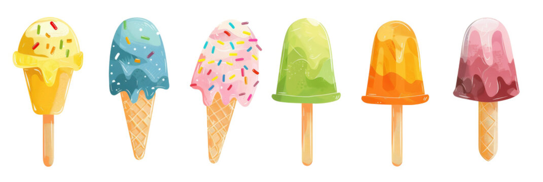 Ice cream collection of various flavors icons. Set of ice cream cones illustration on white background.