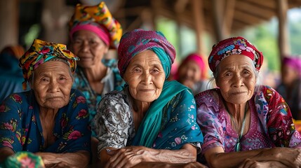 Women of Myanmar Burma. Women of the World. A group of elderly women wearing colorful traditional headscarves gently smiling for the camera at an indoor gathering.  #wotw