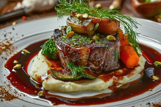 Veal Cheeks and Baked Vegetables, Demi Glace Sauce, Mashed Potatoes, Fried Beef