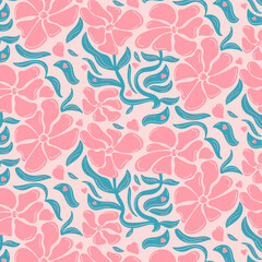 A pattern with pink flowers of various abstract shapes drawn, with leaves, hearts and stems