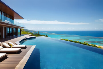 Fototapeta premium Luxurious Infinity Pool Overlooking the Ocean with a Clear Blue Sky at a Modern Resort design.