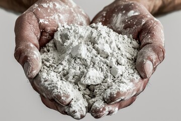 White Gypsum Powder in Hands, Clay or Diatomite Isolated, Hands Hold Powdered Chemicals, AI