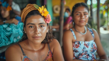 Women of Nicaragua. Women of the World. Two women with traditional attire sitting in a tropical setting, one in focus with a flower in her hair and the other slightly blurred in the background.  #wotw