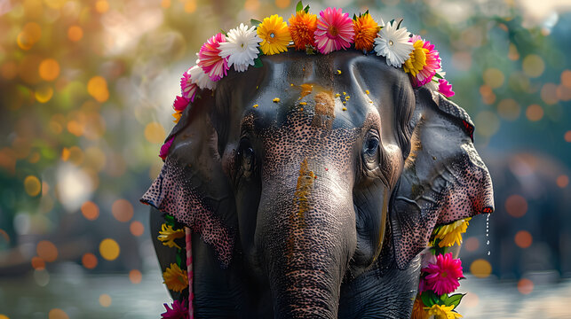 Decorated elephant with garland in Songkran festival at Thailand
