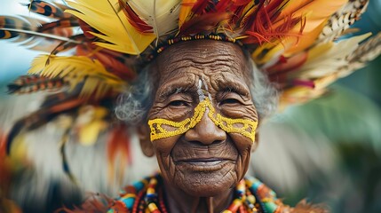 Women of Papua New Guinea. Women of the World. An elder with painted face and a colorful feather headdress gazes into the distance with a wisdom-filled expression  #wotw
