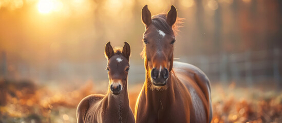 Horse and Foal: Horses are majestic hoofed mammals known for their strength, speed, and versatility. Foals are young horses, often sticking close to their mothers for protection - obrazy, fototapety, plakaty