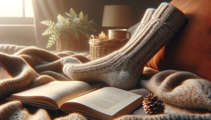 Close-Up: Pair of Warm Woolen Socks and a Book Resting on a Cozy Blanket, Symbolizing a Relaxing Day Indoors