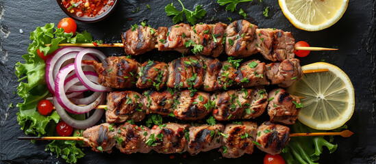 Souvlaki is a popular Greek dish made with skewered and grilled pieces of marinated meat, typically pork, chicken, or lamb. It's served with pita bread, tzatziki sauce onions, and lettuce 