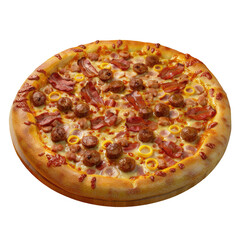 A pizza with meat and cheese on a wooden plate