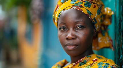 Women of Senegal. Women of the World. Portrait of a confident woman wearing a colorful headscarf with a blurred background.  #wotw