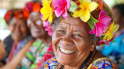 Women of Solomon islands. Women of the World. A joyful elderly woman with a flowery crown and a bright smile enjoying a tropical setting.  #wotw - Powered by Adobe