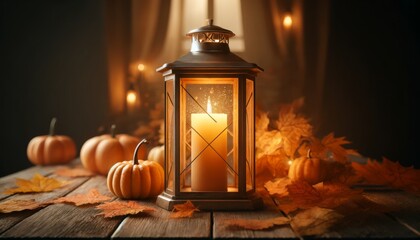 Close-Up: Lit Candle Inside a Lantern on a Wooden Table, Surrounded by Autumnal Decorations