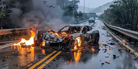 car colliding with a guardrail next to a zebra crossing. The whole car is burning, and the ground is covered with scattered car parts.