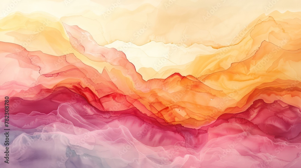 Poster a painting of mountains with a bright orange and pink color scheme. the mountains are depicted as be