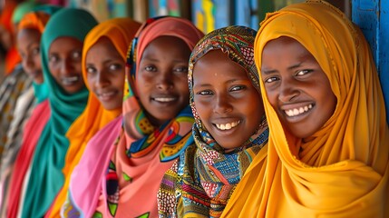 Women of Somalia. Women of the World. A cheerful group of African women wearing colorful headscarves and traditional attire smiling against a vibrant background.  #wotw