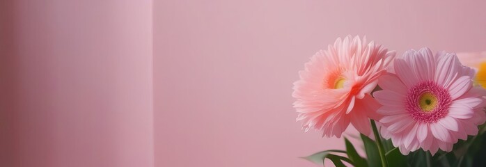 Obraz premium A pink flower with a blue background. The flower is the main focus of the image. The background is a light blue color, which creates a calming and peaceful mood. Concept of tranquility and beauty