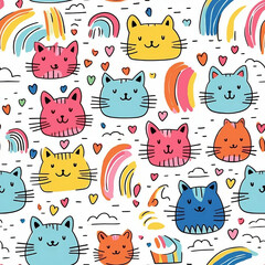 Seamless pattern of cats with hearts and rainbows.