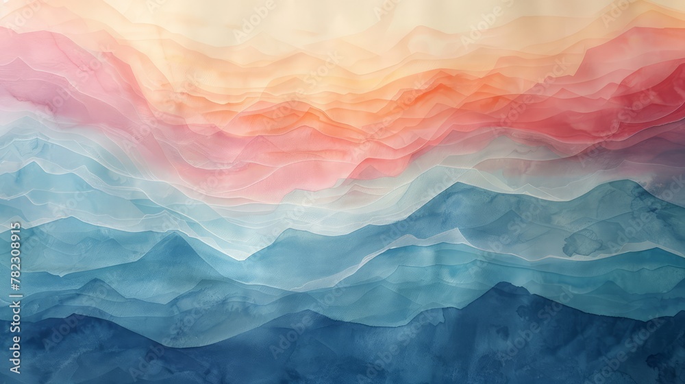 Poster a painting of a mountain range with a blue and pink sky. the painting is full of color and has a sen