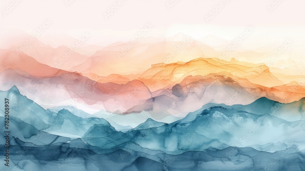 Poster a painting of mountains with a blue and orange sky. the mountains are painted in different shades of