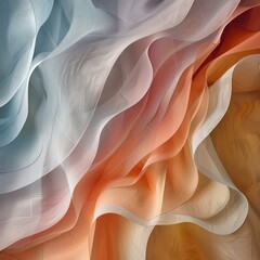 A colorful, flowing piece of fabric with a mix of blue, white, and orange hues. The fabric appears to be a piece of cloth with a pattern - obrazy, fototapety, plakaty