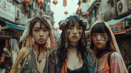 Women of Taiwan. Women of the World. Three young women stand confidently together on a bustling street with a distinctly urban, Asian vibe, showcasing a rebellious and fashionable style.  #wotw