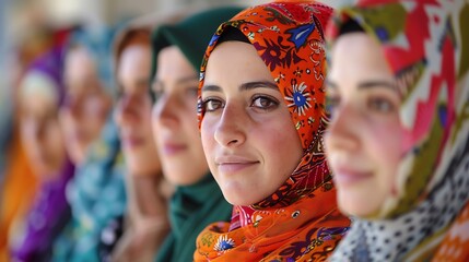 Women of Tunisia. Women of the World. A group of women in colorful hijabs are lined up in a row with focus on the woman in the foreground, showcasing cultural diversity and female solidarity  #wotw