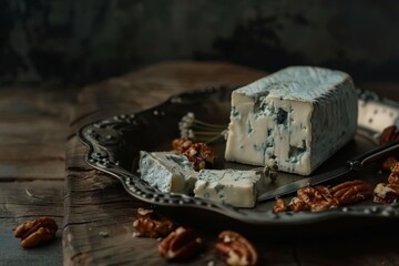 Blue cheese and nuts on a metal tray wooden table dark background