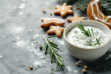 Blue cheese dip with rosemary and gingerbread sticks on concrete Focus on the food