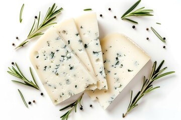 Blue cheese slices with rosemary isolated on white background top view with copy space flat lay - Powered by Adobe