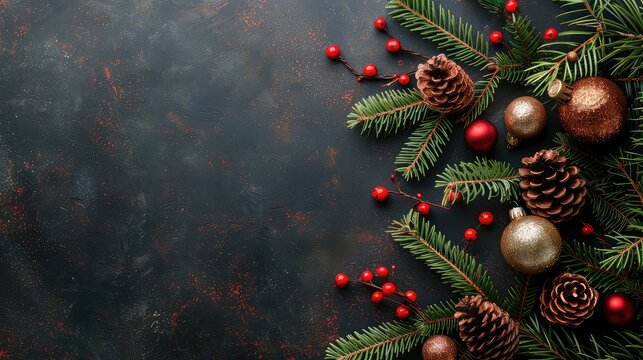 Christmas Decorations Adorning a Background with Ample Copy Space