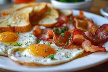 Breakfast plate with eggs bacon toast