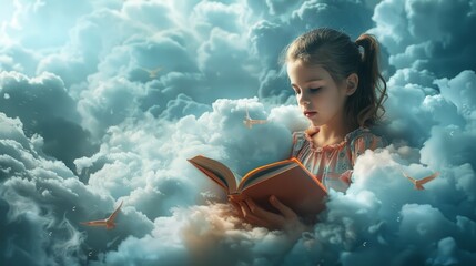 Whimsical Imagination: Girl Reading Among Clouds and Birds Generative AI - obrazy, fototapety, plakaty