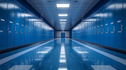 Fototapeta premium Digital Illustration of a Long School Corridor with Blue Lockers Generative AI