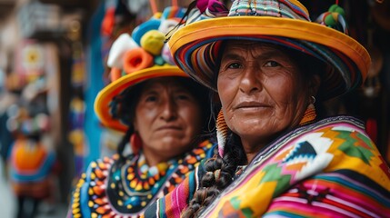 Women of Bolivia. Women of the World. Two indigenous women in traditional colorful attire pose for...