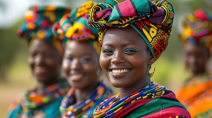 Women of Botswana. Women of the World. A group of smiling women dressed in vibrant traditional African attire with colorful headscarves posing outdoors. #wotw