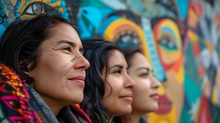 Women of Chile. Women of the World. Three women of diverse ethnicities smiling in front of a vibrant graffiti wall displaying a sense of friendship and happiness.  #wotw