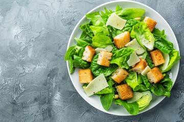 Caesar salad on white plate top view with copy space on concrete table - obrazy, fototapety, plakaty