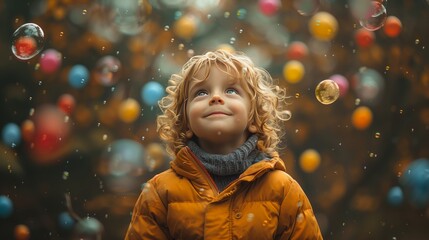 Toddler gazes up at soap bubbles, smiling with delight in a natural environment - obrazy, fototapety, plakaty