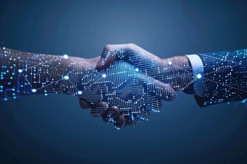 A handshake between two businesspeople with circuit board, concept of technological advancement, business, artificial intelligence. - obrazy, fototapety, plakaty