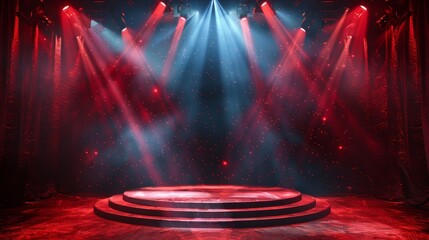 Theatrical Stage with Spotlights, Podium, and Red Curtain Generative AI - obrazy, fototapety, plakaty