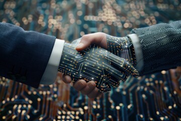 A handshake between two businesspeople with circuit board, concept of technological advancement, business, artificial intelligence.