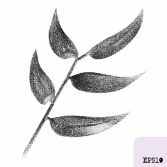 Twig with leaves. Spring plant. Graphic drawing, abstract pointillism - 782310966