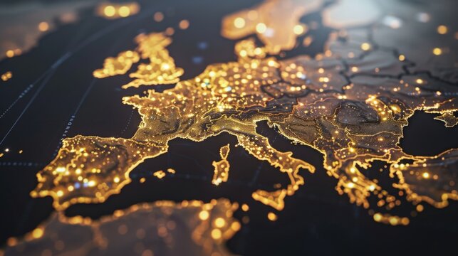 Close Up of Europe Map Lit Up at Night