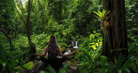 Woman meditation in nature forest