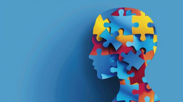 Human head in profile with colorful puzzle pieces, concept of mental health, psychotherapy, cognitive psychology, mental and brain illness.