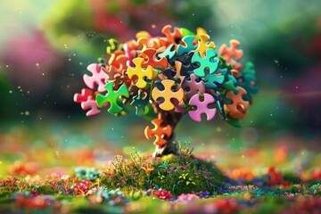 Obraz na płótnie Canvas Tree with colorful puzzle pieces, colorful bokeh background, Autism Awareness Day.
