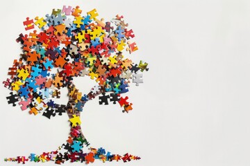 Tree with colorful puzzle pieces, white background, Autism Awareness Day.