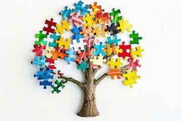 Tree with colorful puzzle pieces, white background, Autism Awareness Day.