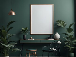 Mockup poster frame in minimalist interior background with dark green wall.