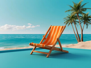Orange beach chair with summer accessories on turquoise blue background design 3D Rendering, 3D Illustration